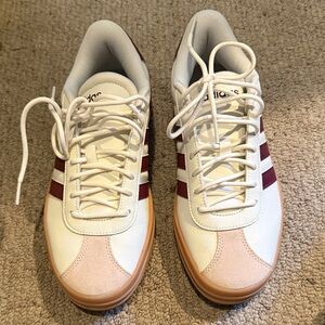 adidas women’s White Sneakers with Burgundy Stripes and Light Pink Toe